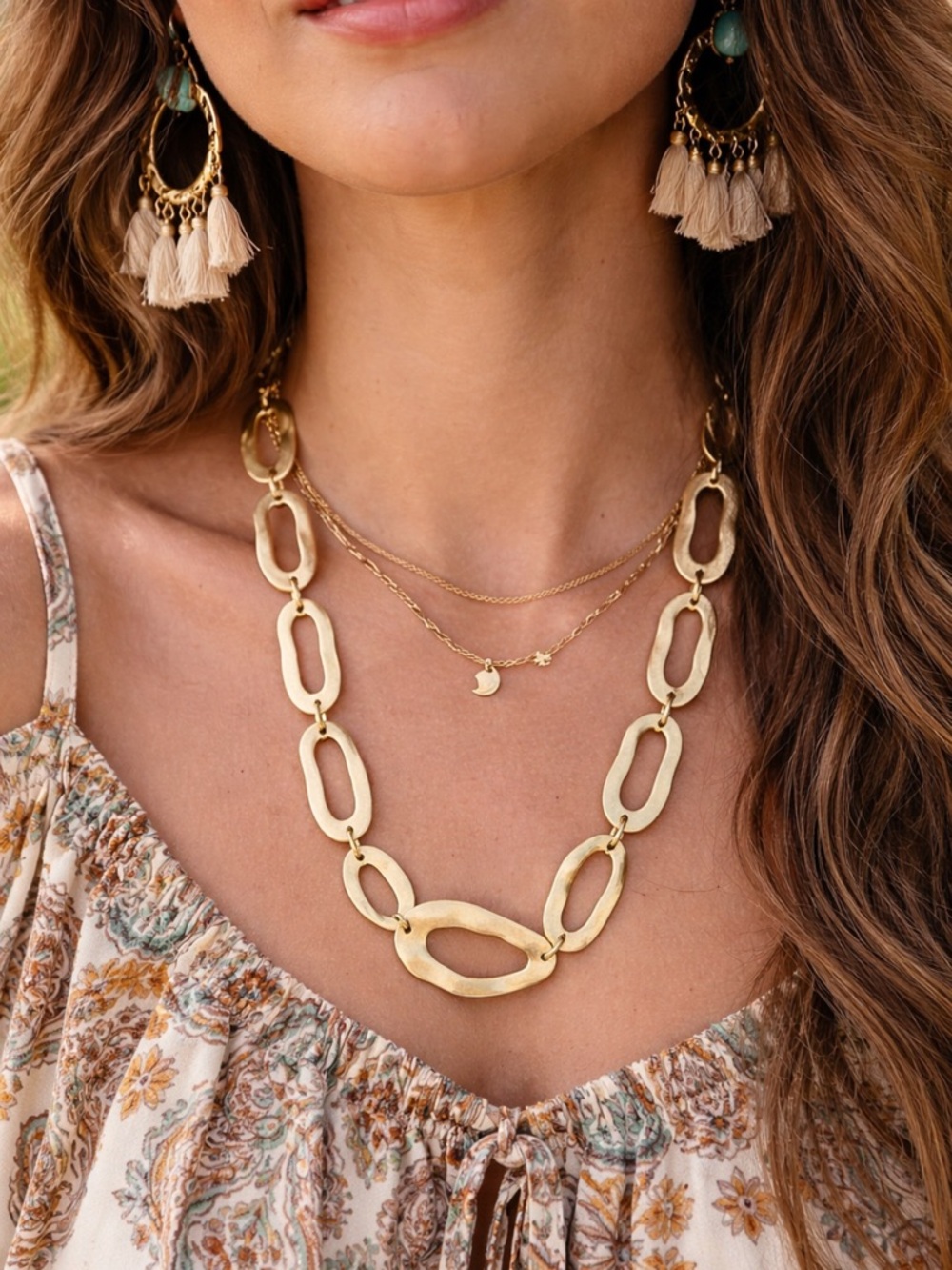 Matte Gold Chunky Link Statement Necklace Boho Chic